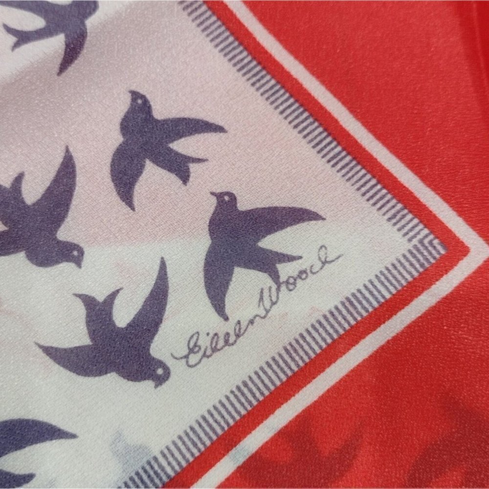 Vintage Eileen Wood Scarf Birds Red Blue Japan Water Repellent 27 X 26 - Picture 5 of 6